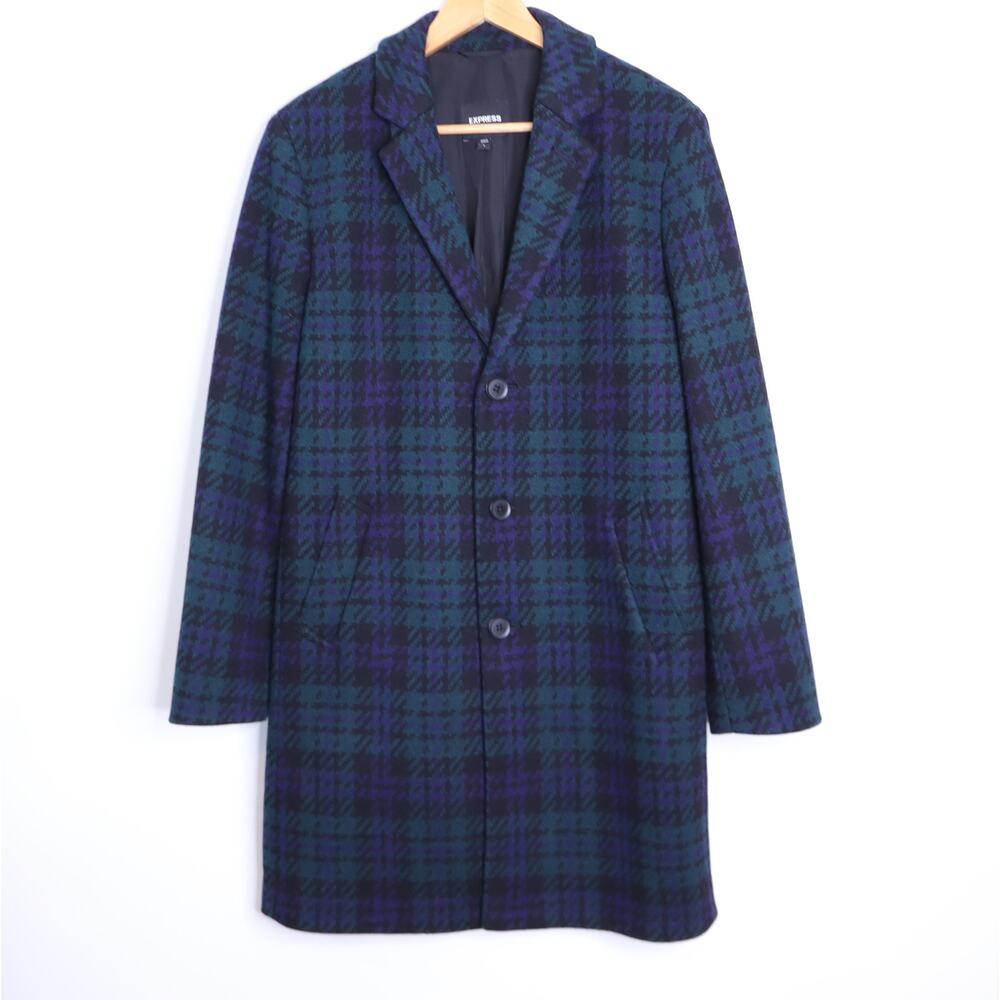 EXPRESS Tartan Plaid Topcoat Navy Green Wool Blend Long Sleeve Men's S